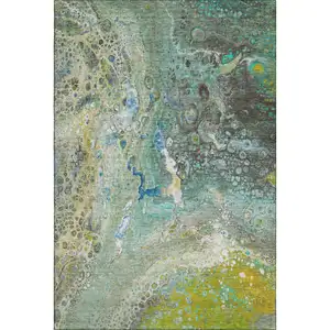 Photo of Teal Gold And Gray Abstract Washable Area Rug With UV Protection