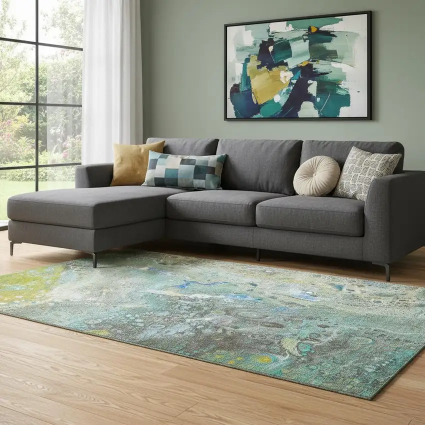 Teal Gold And Gray Abstract Washable Area Rug With UV Protection Photo 1
