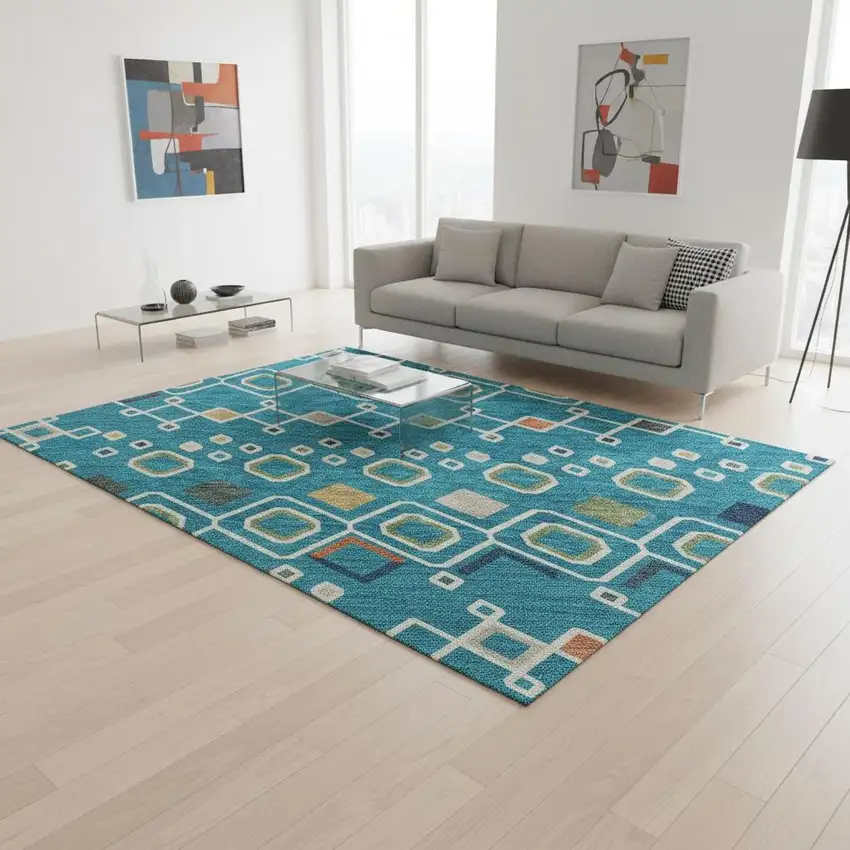 Teal Gold And Green Southwestern Washable Area Rug With UV Protection Photo 2