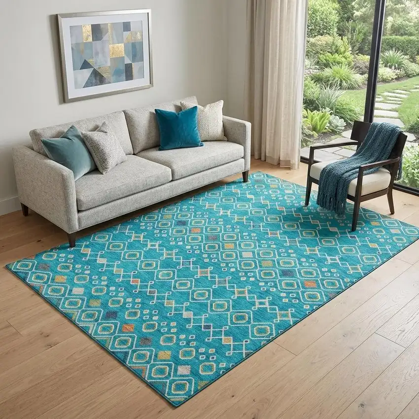 Teal Gold And Green Southwestern Washable Area Rug With UV Protection Photo 1