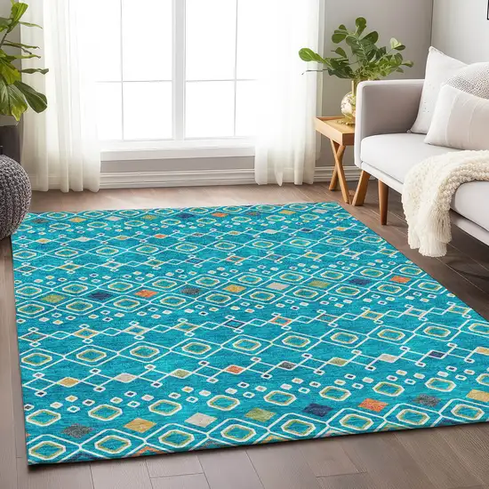 Teal Gold And Green Southwestern Washable Area Rug With UV Protection Photo 4