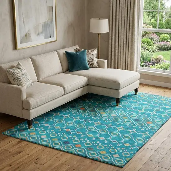 Teal Gold And Green Southwestern Washable Area Rug With UV Protection Photo 1