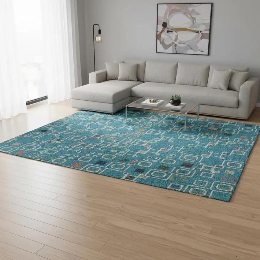 Teal Gold And Green Southwestern Washable Area Rug With UV Protection Photo 2