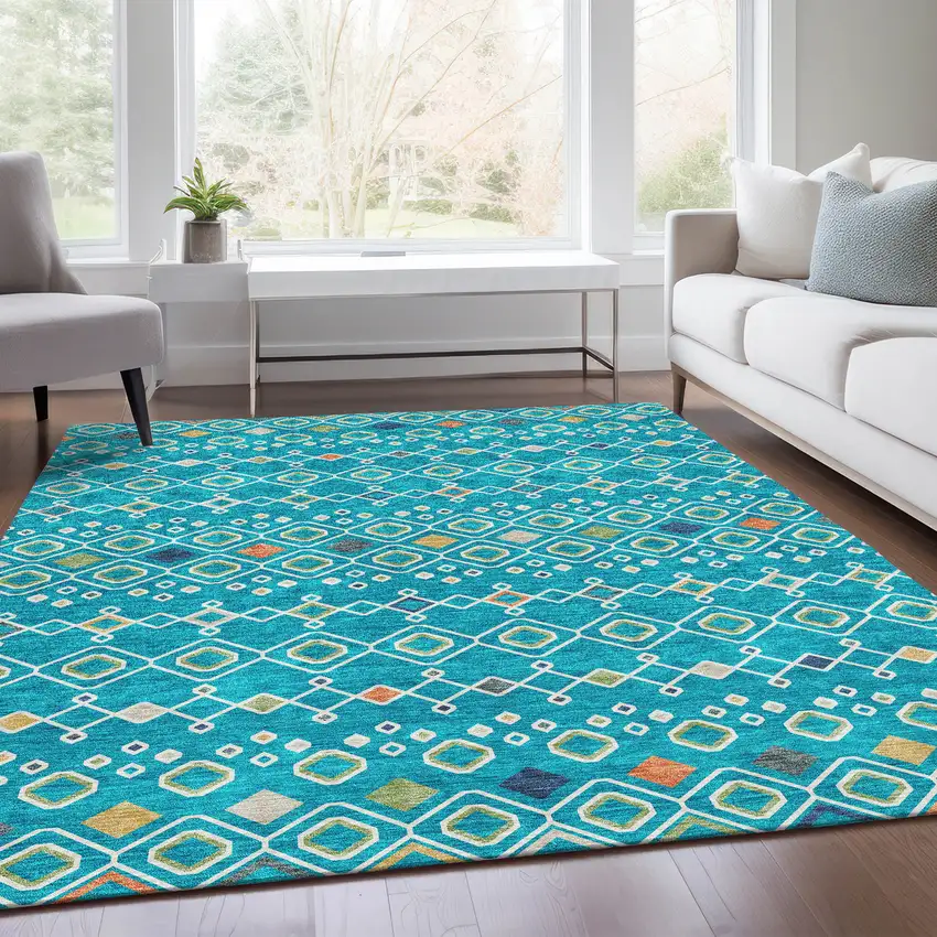 Teal Gold And Green Southwestern Washable Area Rug With UV Protection Photo 5