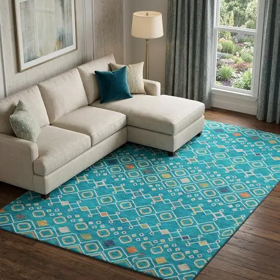 Teal Gold And Green Southwestern Washable Area Rug With UV Protection Photo 1