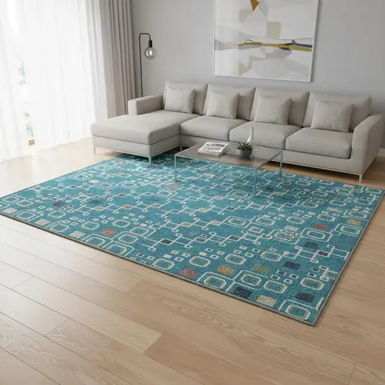 Teal Gold And Green Southwestern Washable Area Rug With UV Protection Photo 2