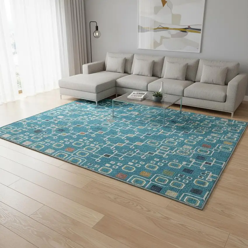 Teal Gold And Green Southwestern Washable Area Rug With UV Protection Photo 2