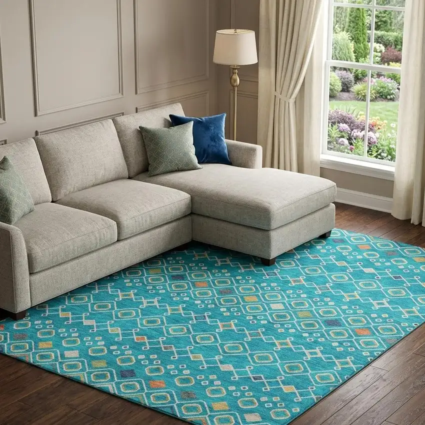 Teal Gold And Green Southwestern Washable Area Rug With UV Protection Photo 1