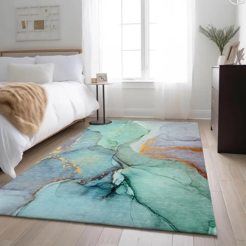 Teal Gold And Ivory Abstract Washable Area Rug With UV Protection Photo 5