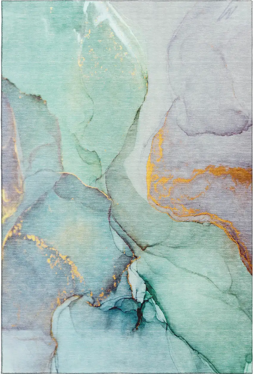 Teal Gold And Ivory Abstract Washable Area Rug With UV Protection Photo 1
