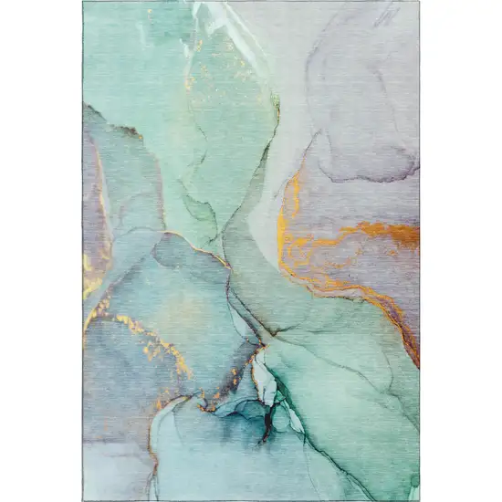 Teal Gold And Ivory Abstract Washable Area Rug With UV Protection Photo 1