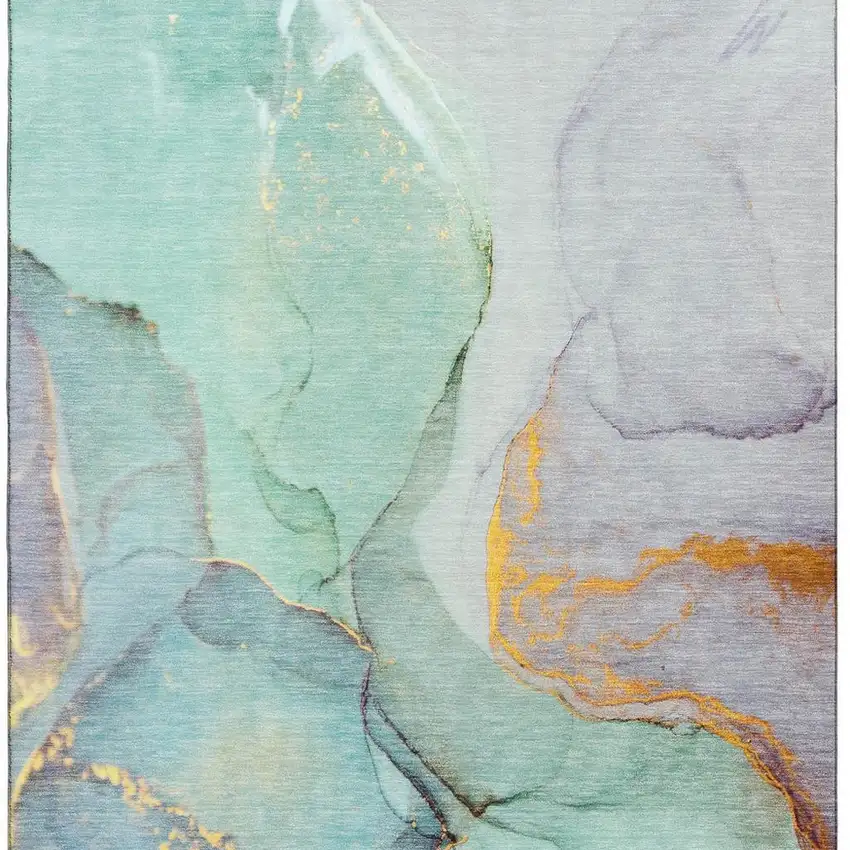 Teal Gold And Ivory Abstract Washable Area Rug With UV Protection Photo 3