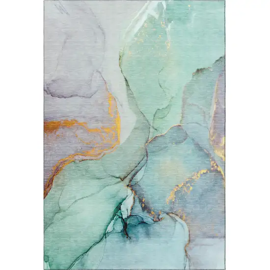 Teal Gold And Ivory Abstract Washable Area Rug With UV Protection Photo 4