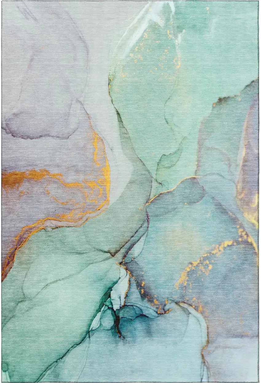 Teal Gold And Ivory Abstract Washable Area Rug With UV Protection Photo 4