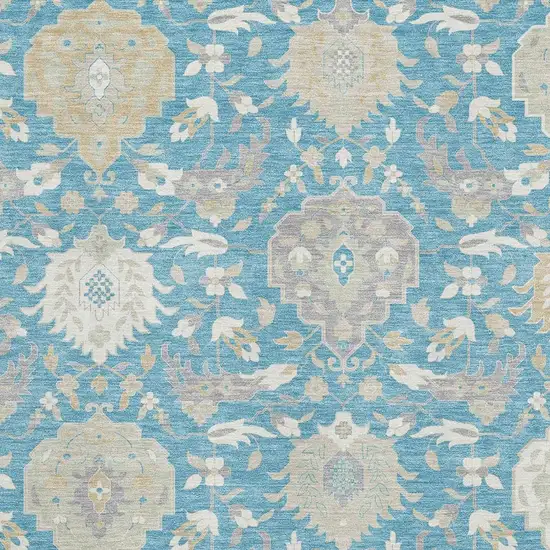Teal Gold And Ivory Damask Washable Area Rug With UV Protection Photo 2