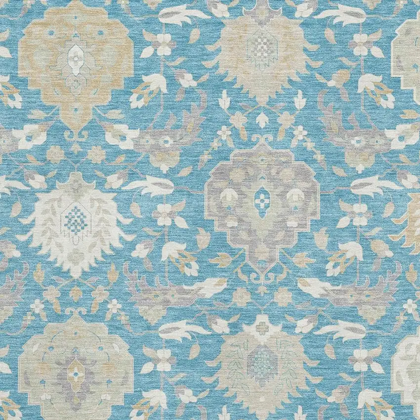 Teal Gold And Ivory Damask Washable Area Rug With UV Protection Photo 2