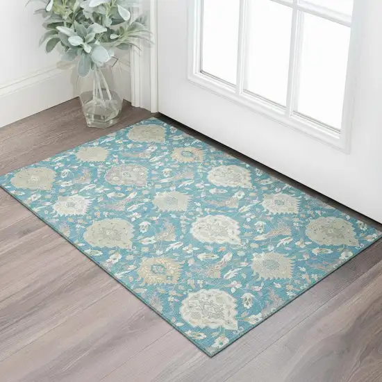 Teal Gold And Ivory Damask Washable Area Rug With UV Protection Photo 2