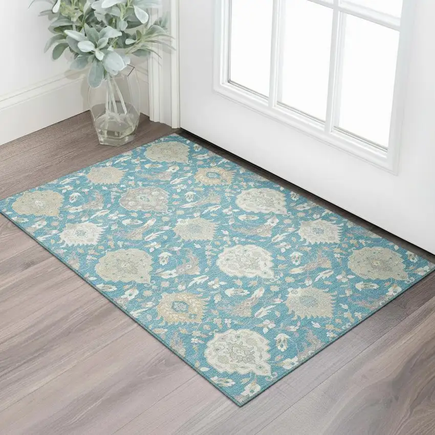 Teal Gold And Ivory Damask Washable Area Rug With UV Protection Photo 2