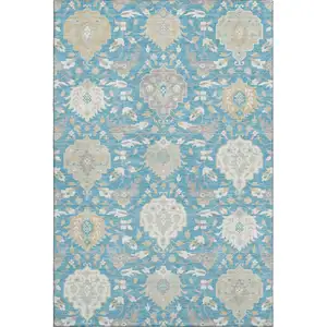 Photo of Teal Gold And Ivory Damask Washable Area Rug With UV Protection
