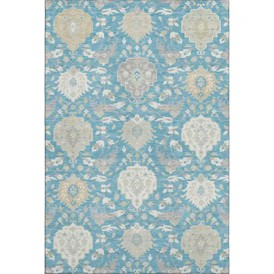 Teal Gold And Ivory Damask Washable Area Rug With UV Protection Photo 1