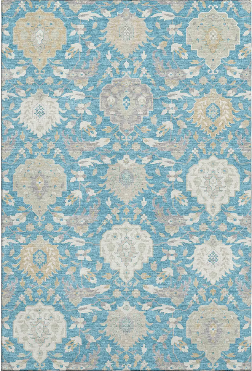 Teal Gold And Ivory Damask Washable Area Rug With UV Protection Photo 1