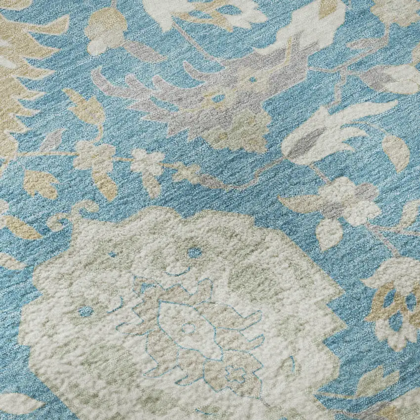 Teal Gold And Ivory Damask Washable Area Rug With UV Protection Photo 9
