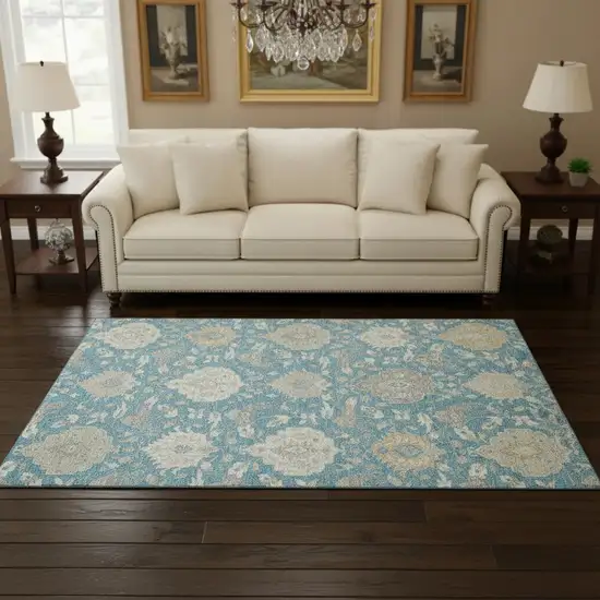 Teal Gold And Ivory Damask Washable Area Rug With UV Protection Photo 2