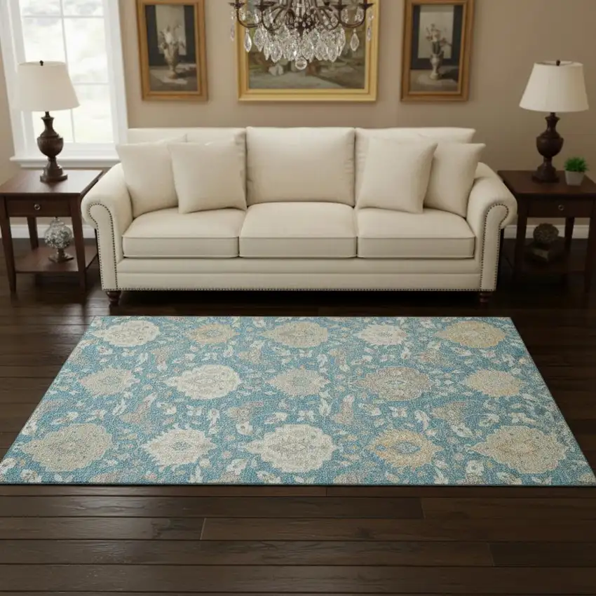 Teal Gold And Ivory Damask Washable Area Rug With UV Protection Photo 2