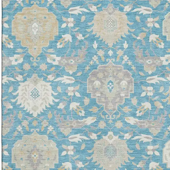 Teal Gold And Ivory Damask Washable Area Rug With UV Protection Photo 2