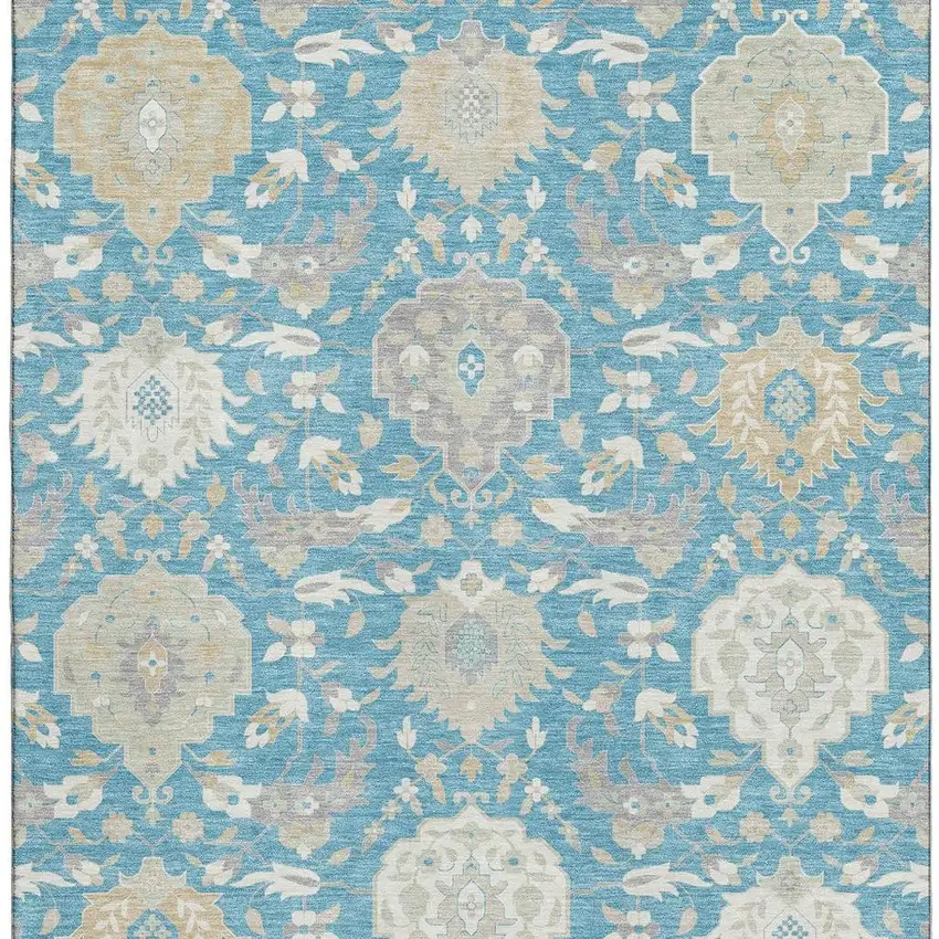 Teal Gold And Ivory Damask Washable Area Rug With UV Protection Photo 3