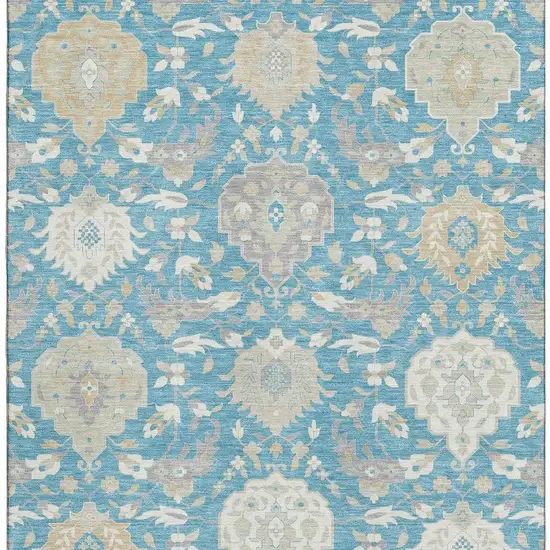 Teal Gold And Ivory Damask Washable Area Rug With UV Protection Photo 3