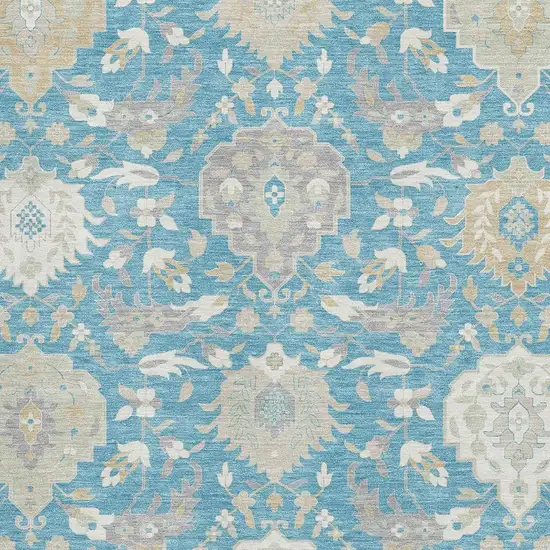 Teal Gold And Ivory Damask Washable Area Rug With UV Protection Photo 2