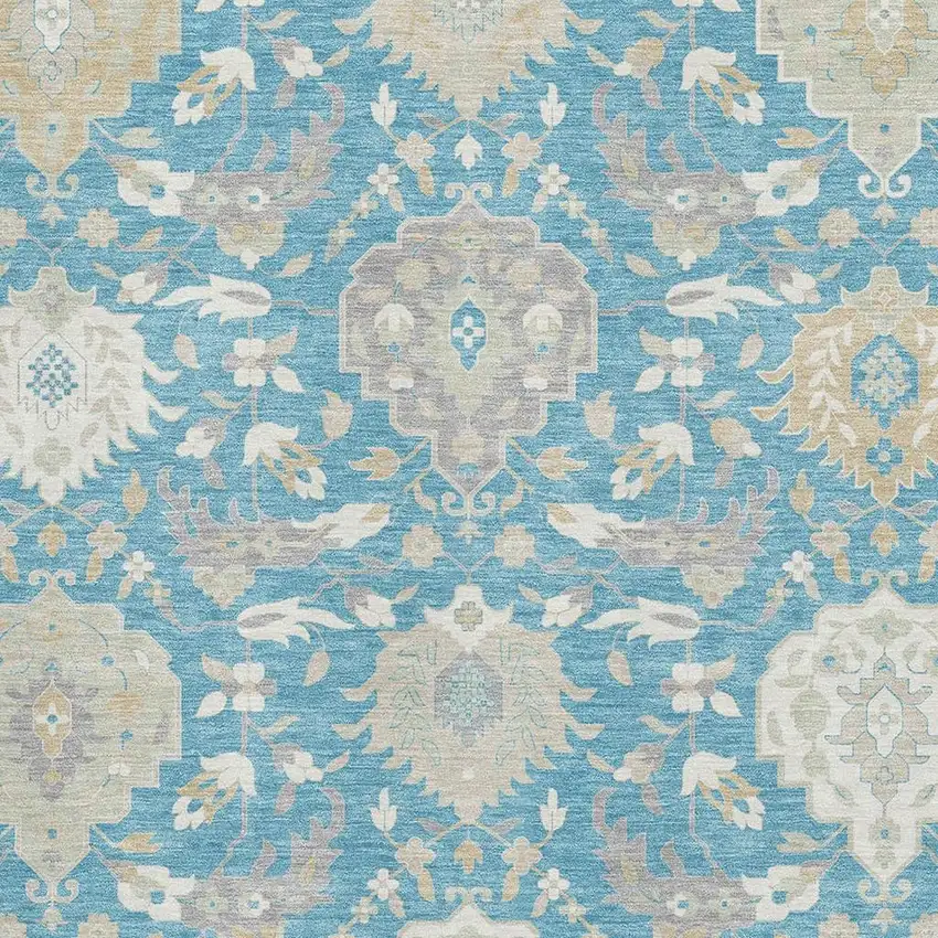 Teal Gold And Ivory Damask Washable Area Rug With UV Protection Photo 2