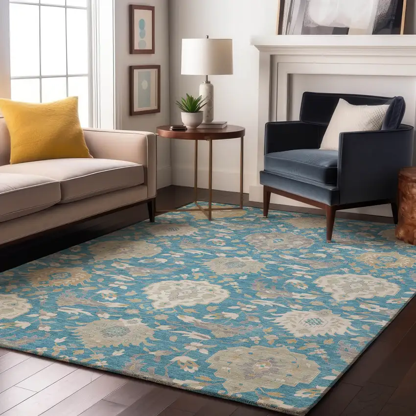 Teal Gold And Ivory Damask Washable Area Rug With UV Protection Photo 4