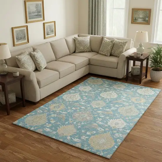 Teal Gold And Ivory Damask Washable Area Rug With UV Protection Photo 2