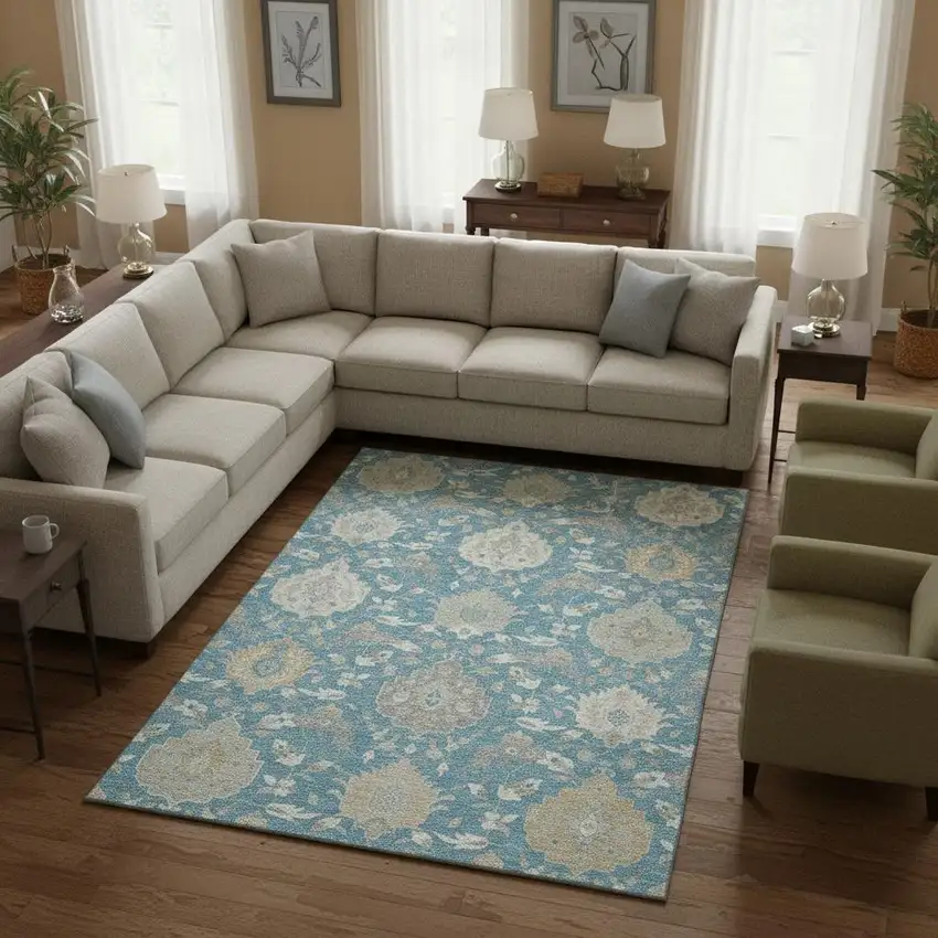 Teal Gold And Ivory Damask Washable Area Rug With UV Protection Photo 2
