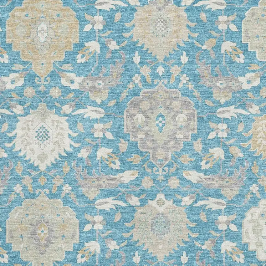 Teal Gold And Ivory Damask Washable Area Rug With UV Protection Photo 2