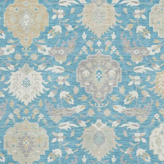 Teal Gold And Ivory Damask Washable Area Rug With UV Protection Photo 2