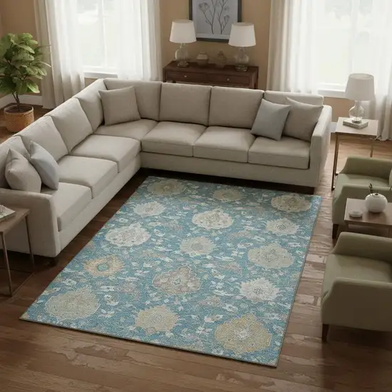 Teal Gold And Ivory Damask Washable Area Rug With UV Protection Photo 2