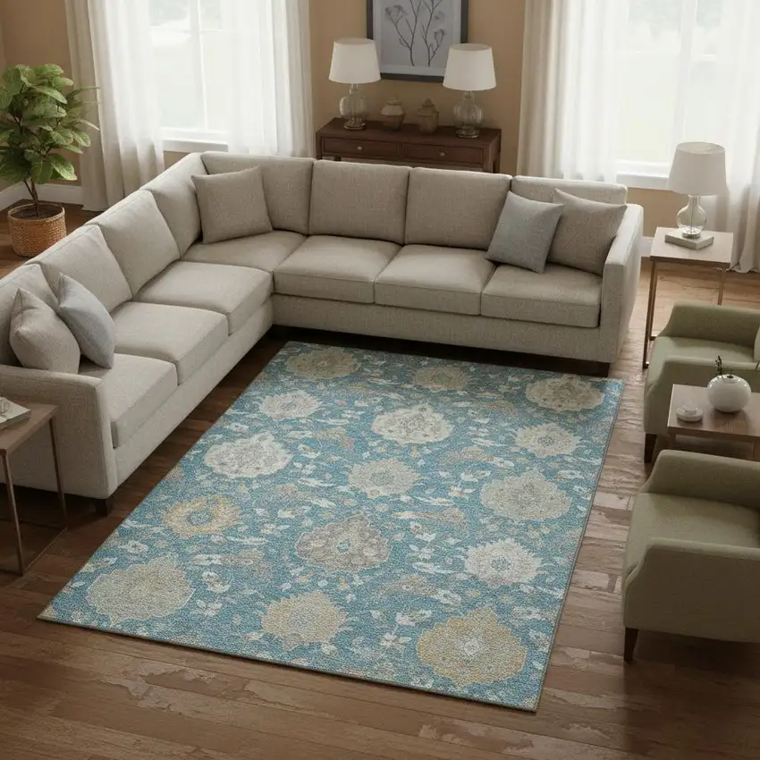 Teal Gold And Ivory Damask Washable Area Rug With UV Protection Photo 2