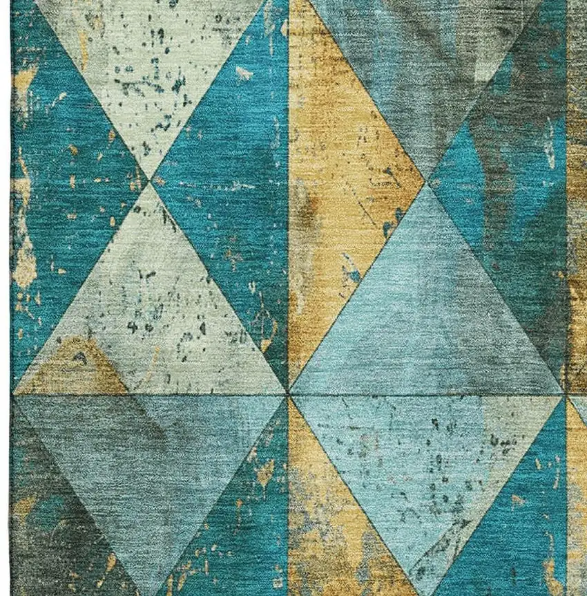 Teal Gold And Ivory Geometric Washable Area Rug With UV Protection Photo 3