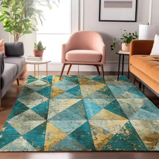 Teal Gold And Ivory Geometric Washable Area Rug With UV Protection Photo 5