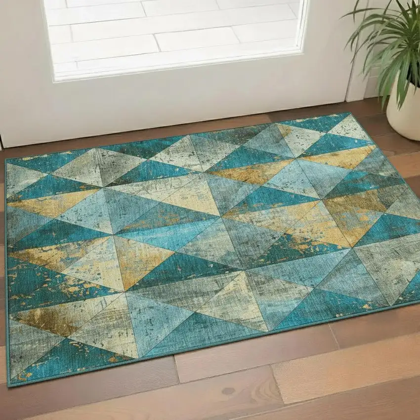 Teal Gold And Ivory Geometric Washable Area Rug With UV Protection Photo 2