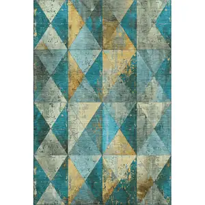 Photo of Teal Gold And Ivory Geometric Washable Area Rug With UV Protection