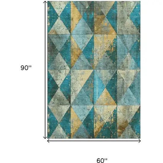 Teal Gold And Ivory Geometric Washable Area Rug With UV Protection Photo 9