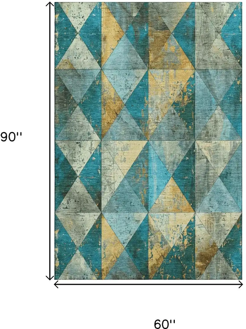 Teal Gold And Ivory Geometric Washable Area Rug With UV Protection Photo 9