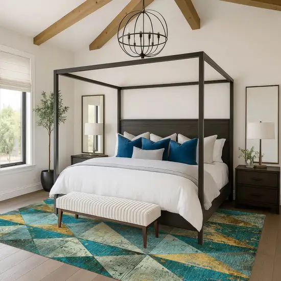 Teal Gold And Ivory Geometric Washable Area Rug With UV Protection Photo 4