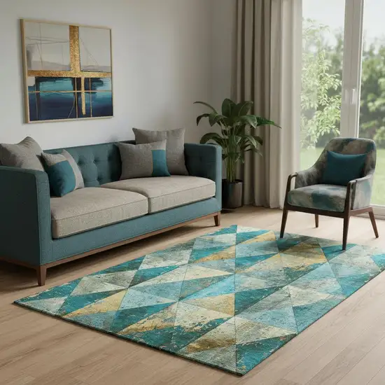 Teal Gold And Ivory Geometric Washable Area Rug With UV Protection Photo 2