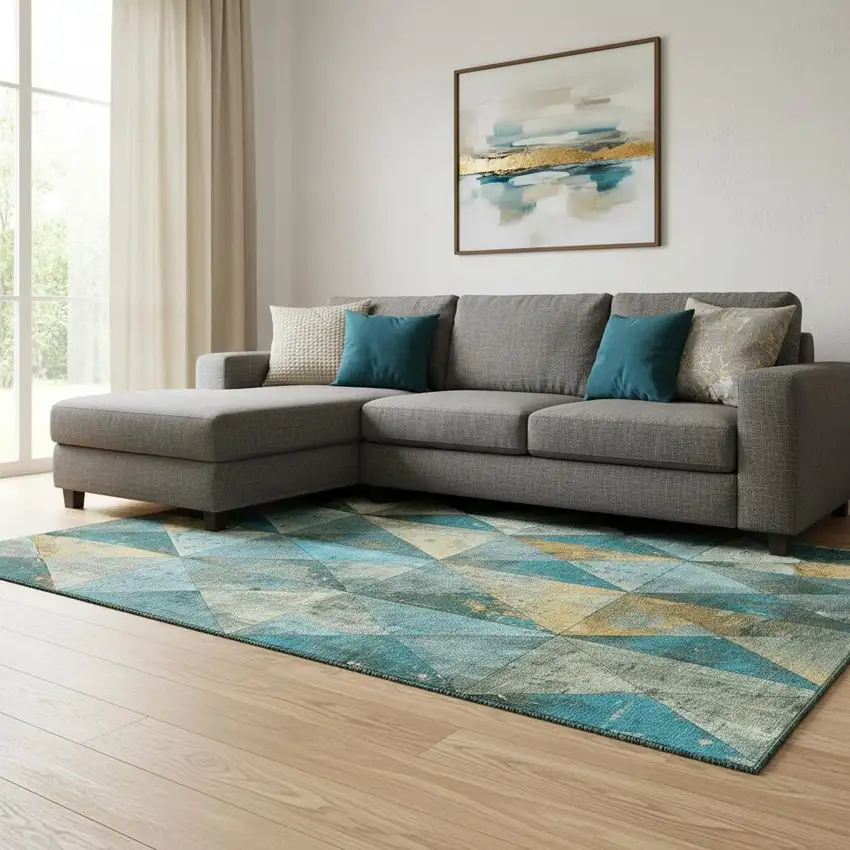 Teal Gold And Ivory Geometric Washable Area Rug With UV Protection Photo 2