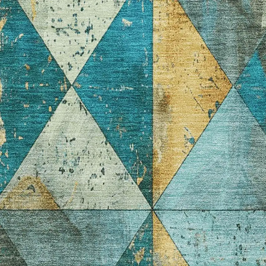 Teal Gold And Ivory Geometric Washable Area Rug With UV Protection Photo 2